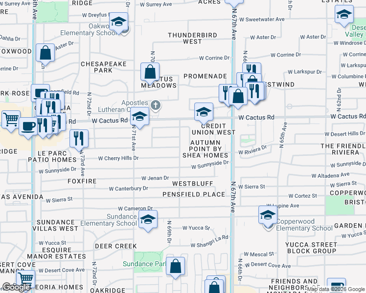 map of restaurants, bars, coffee shops, grocery stores, and more near 11931 North 69th Avenue in Peoria