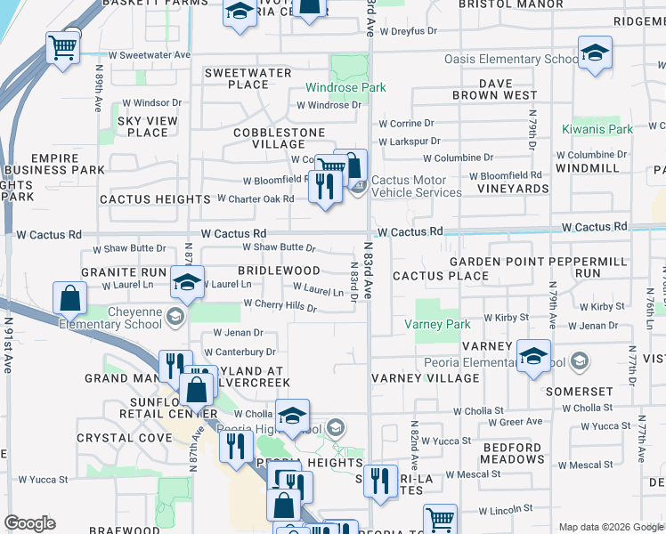 map of restaurants, bars, coffee shops, grocery stores, and more near 8350 West Paradise Drive in Peoria