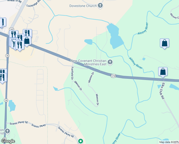 map of restaurants, bars, coffee shops, grocery stores, and more near 220 McGuirts Bridge Road in Covington