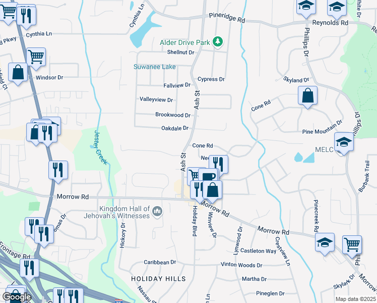 map of restaurants, bars, coffee shops, grocery stores, and more near 5868 Ash Street in Forest Park