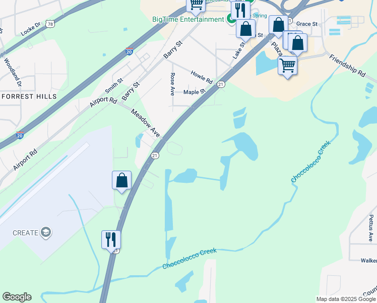 map of restaurants, bars, coffee shops, grocery stores, and more near 2255 Alabama 21 in Oxford