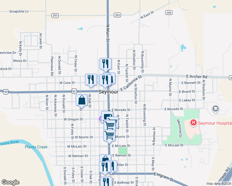 map of restaurants, bars, coffee shops, grocery stores, and more near 208 East Archer Road in Seymour