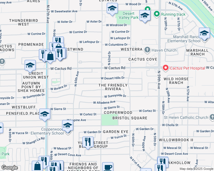 map of restaurants, bars, coffee shops, grocery stores, and more near 6225 West Riviera Drive in Glendale