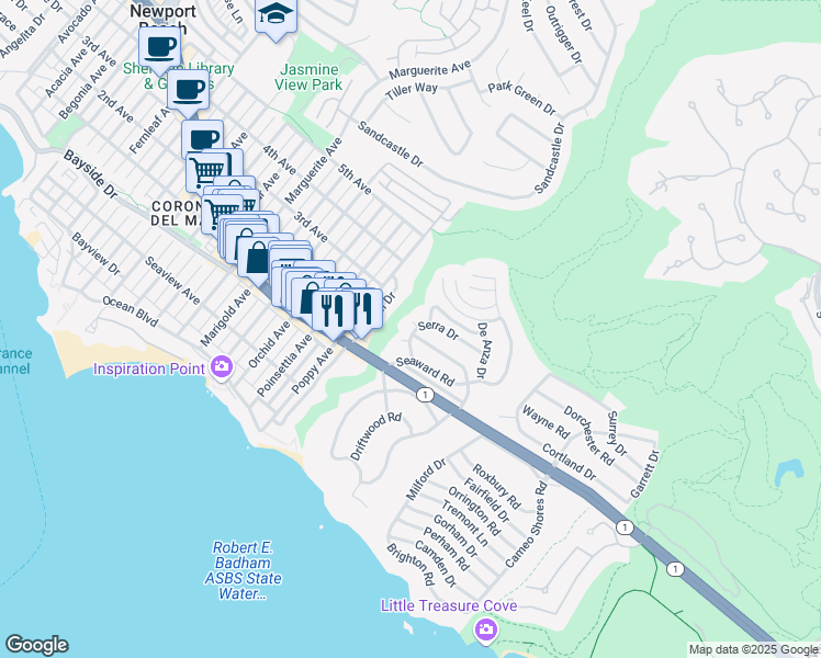 map of restaurants, bars, coffee shops, grocery stores, and more near 400 Cortes Circle in Newport Beach