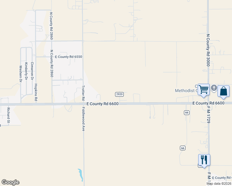 map of restaurants, bars, coffee shops, grocery stores, and more near 5909 East Farm to Market 40 in Lubbock