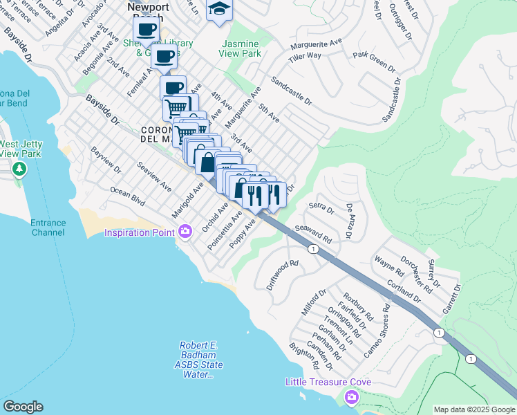 map of restaurants, bars, coffee shops, grocery stores, and more near 3734 East Coast Highway in Newport Beach