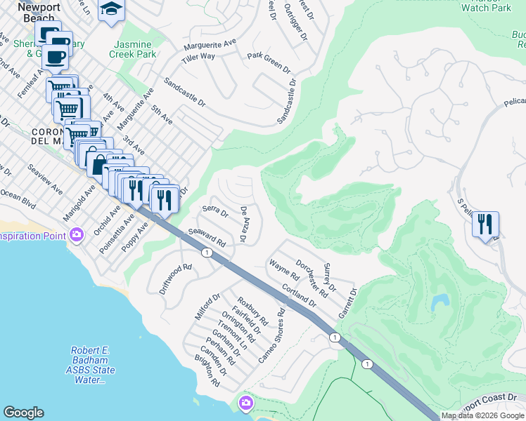 map of restaurants, bars, coffee shops, grocery stores, and more near 564 Seaward Road in Newport Beach