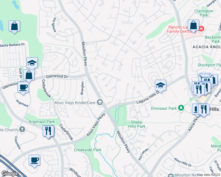 map of restaurants, bars, coffee shops, grocery stores, and more near 9 Hidden Creek Lane in Laguna Hills