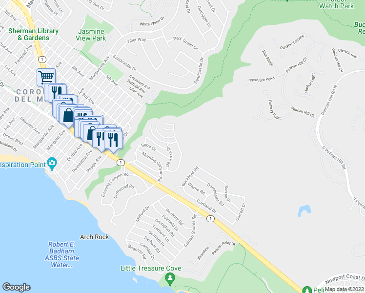 map of restaurants, bars, coffee shops, grocery stores, and more near 564 Seaward Road in Newport Beach