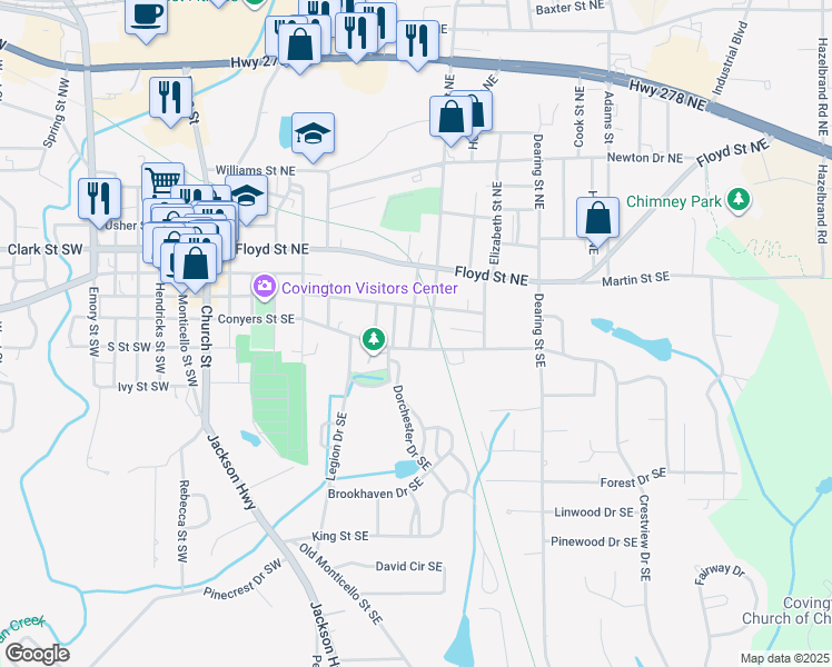map of restaurants, bars, coffee shops, grocery stores, and more near 3177 Butler Avenue Southeast in Covington