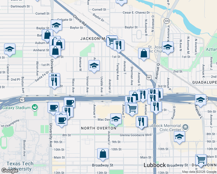 map of restaurants, bars, coffee shops, grocery stores, and more near 304 Avenue U in Lubbock