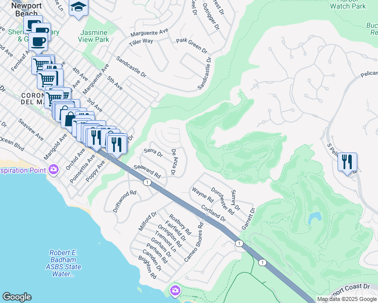 map of restaurants, bars, coffee shops, grocery stores, and more near 564 Seaward Road in Newport Beach