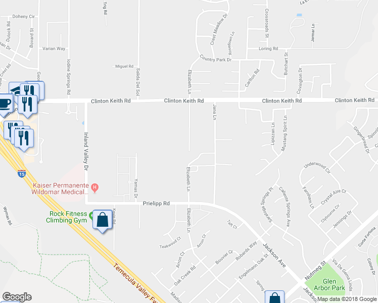 map of restaurants, bars, coffee shops, grocery stores, and more near Elizabeth Lane in Wildomar