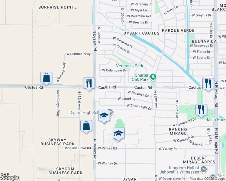 map of restaurants, bars, coffee shops, grocery stores, and more near 12930 West Paradise Drive in El Mirage