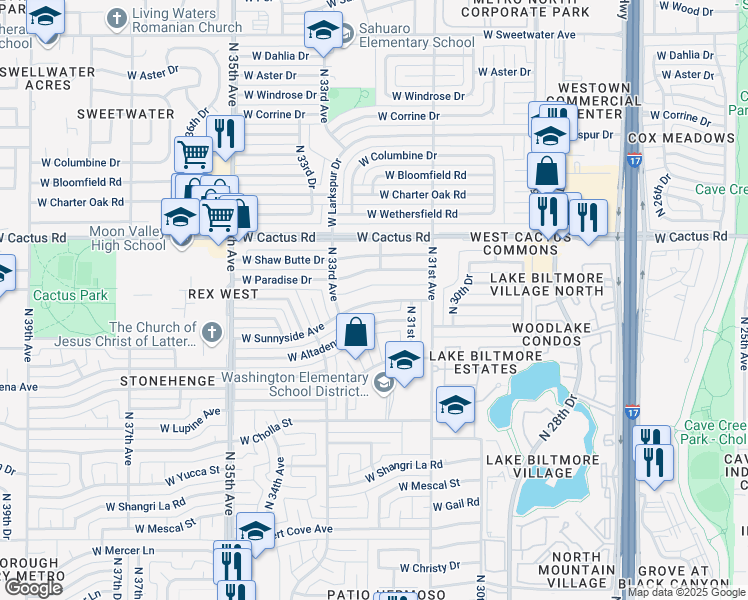 map of restaurants, bars, coffee shops, grocery stores, and more near 3208 West Sunnyside Avenue in Phoenix