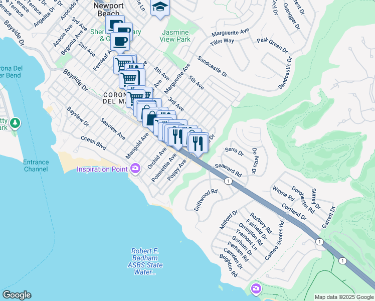 map of restaurants, bars, coffee shops, grocery stores, and more near in Newport Beach