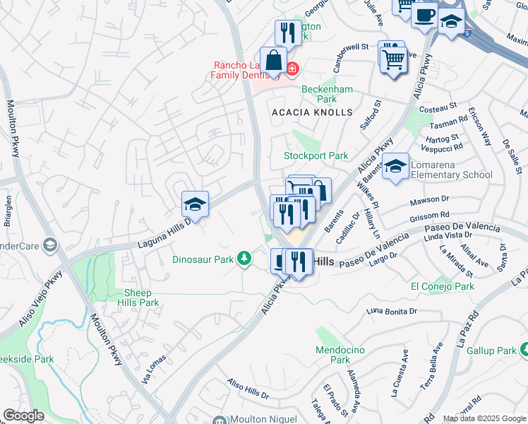 map of restaurants, bars, coffee shops, grocery stores, and more near 25401 Paseo De Valencia in Laguna Hills