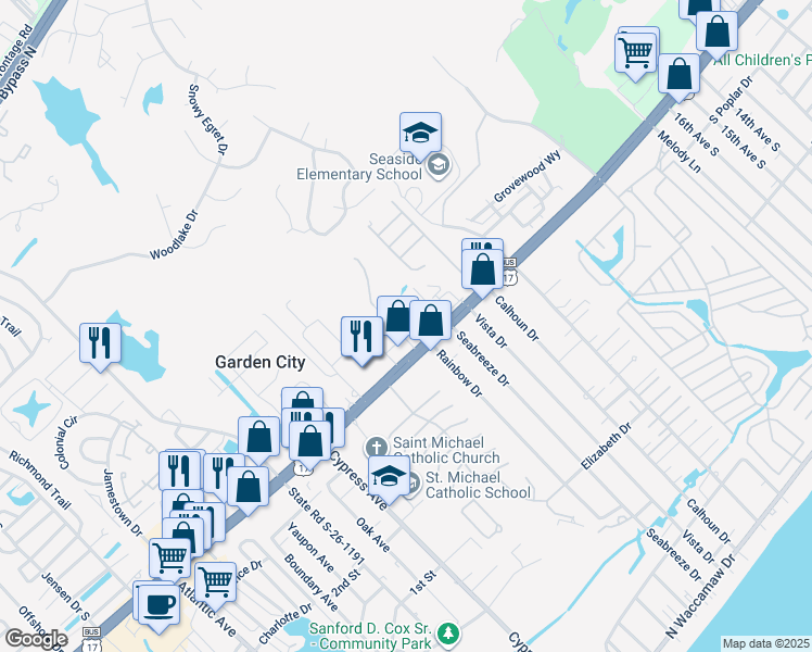 map of restaurants, bars, coffee shops, grocery stores, and more near U.S. 17 in Murrells Inlet