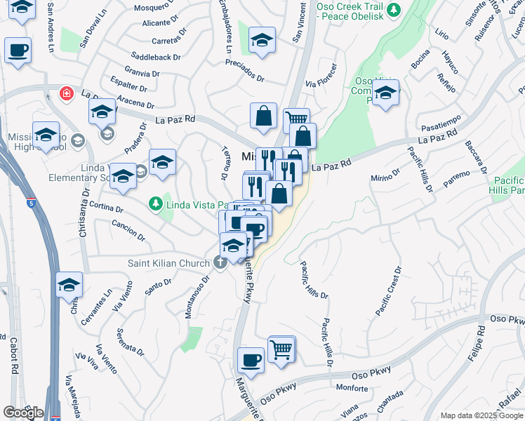 map of restaurants, bars, coffee shops, grocery stores, and more near 25380 Marguerite Parkway in Mission Viejo