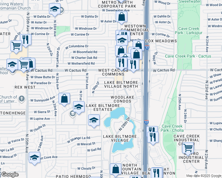 map of restaurants, bars, coffee shops, grocery stores, and more near 2912 West Laurel Lane in Phoenix