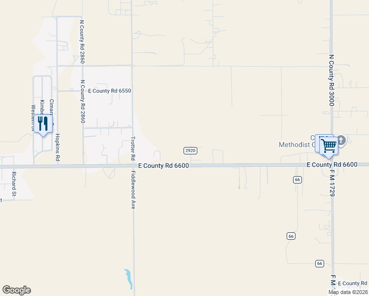 map of restaurants, bars, coffee shops, grocery stores, and more near 5909 East Farm to Market 40 in Lubbock