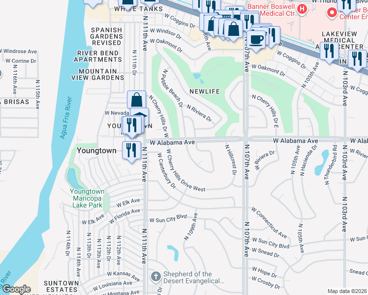map of restaurants, bars, coffee shops, grocery stores, and more near 12076 North Pebble Beach Drive in Sun City