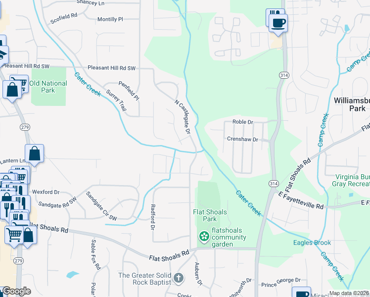 map of restaurants, bars, coffee shops, grocery stores, and more near 5905 Sheldon Court in Atlanta