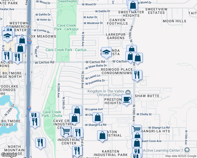 map of restaurants, bars, coffee shops, grocery stores, and more near 2138 West Poinsettia Drive in Phoenix