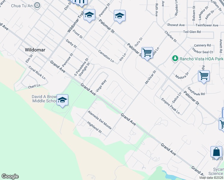 map of restaurants, bars, coffee shops, grocery stores, and more near 36275 Firelight Circle in Wildomar