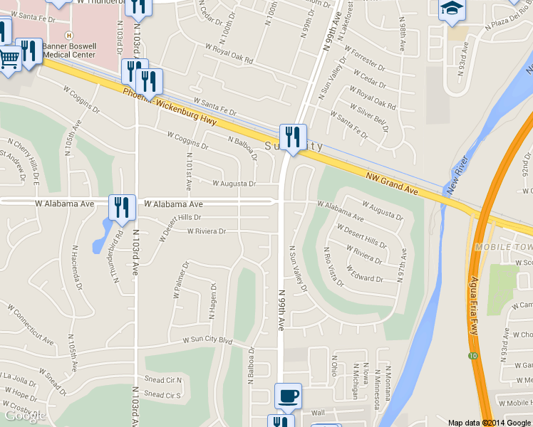 map of restaurants, bars, coffee shops, grocery stores, and more near 9906 West Desert Hills Drive in Sun City