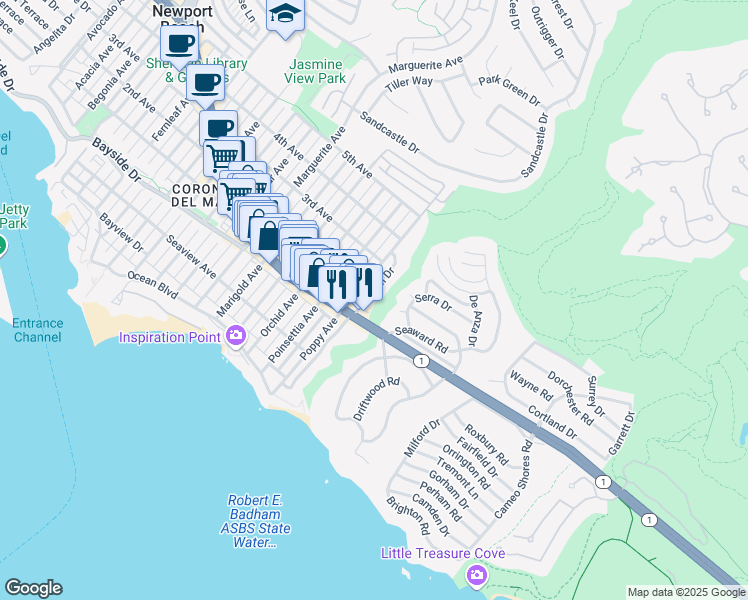 map of restaurants, bars, coffee shops, grocery stores, and more near 422 Hazel Drive in Newport Beach