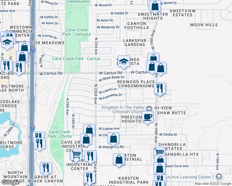 map of restaurants, bars, coffee shops, grocery stores, and more near 2138 West Poinsettia Drive in Phoenix