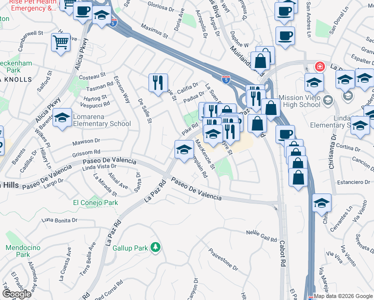 map of restaurants, bars, coffee shops, grocery stores, and more near 25361 Champlain Road in Laguna Hills
