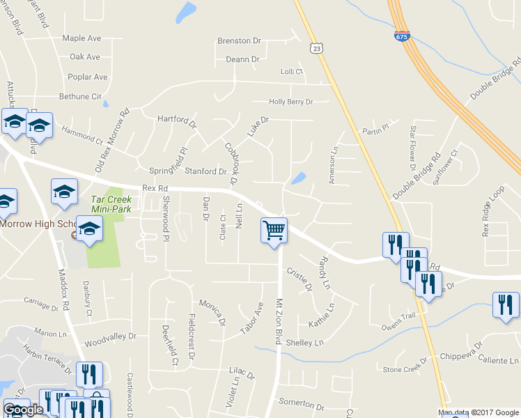 map of restaurants, bars, coffee shops, grocery stores, and more near 2655 Rex Road in Ellenwood