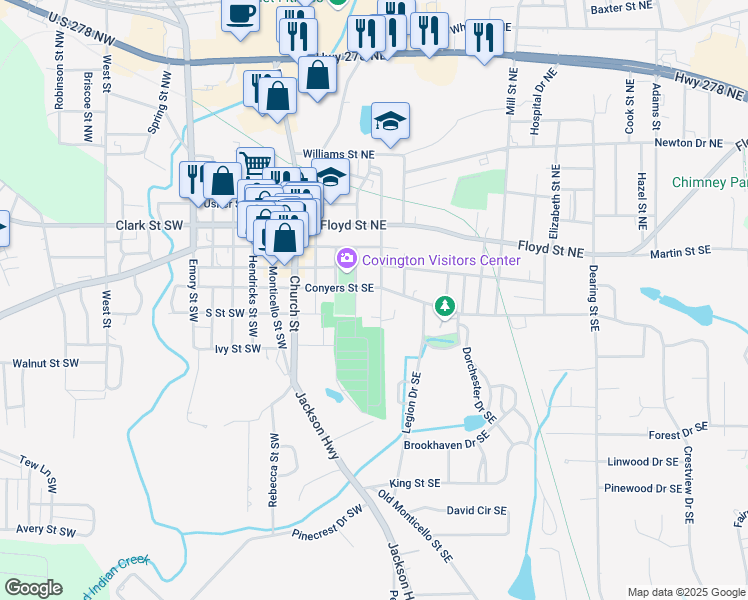 map of restaurants, bars, coffee shops, grocery stores, and more near 2146 Conyers Street Southeast in Covington