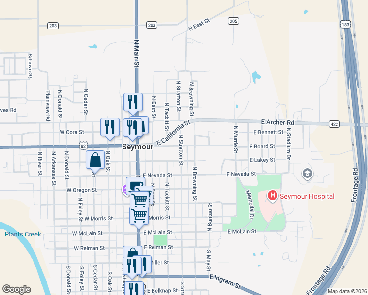 map of restaurants, bars, coffee shops, grocery stores, and more near 612 North Stratton Street in Seymour