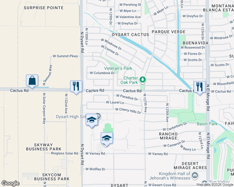 map of restaurants, bars, coffee shops, grocery stores, and more near 12102 North 128th Drive in El Mirage