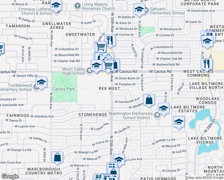 map of restaurants, bars, coffee shops, grocery stores, and more near West Laurel Lane in Phoenix