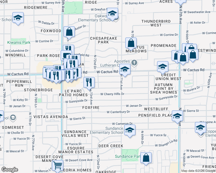 map of restaurants, bars, coffee shops, grocery stores, and more near 7202 West Laurel Lane in Peoria