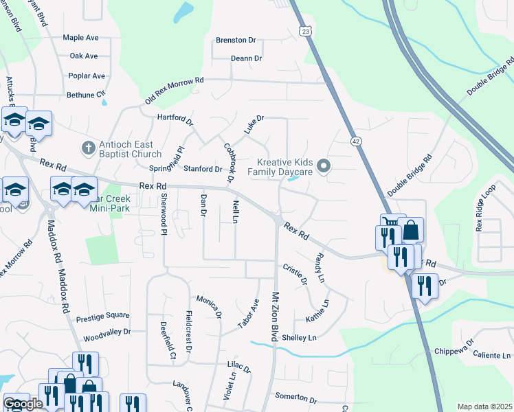 map of restaurants, bars, coffee shops, grocery stores, and more near 2655 Rex Road in Ellenwood