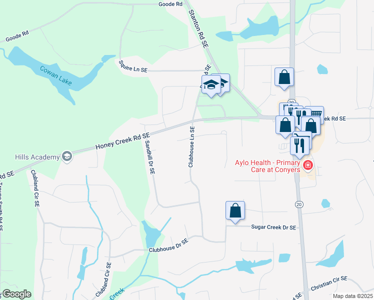 map of restaurants, bars, coffee shops, grocery stores, and more near 3573 Clubhouse Lane Southeast in Conyers