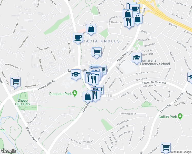 map of restaurants, bars, coffee shops, grocery stores, and more near 25381 Alicia Parkway in Laguna Hills