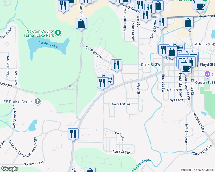 map of restaurants, bars, coffee shops, grocery stores, and more near 5120 Old Brown Bridge Road Southwest in Covington