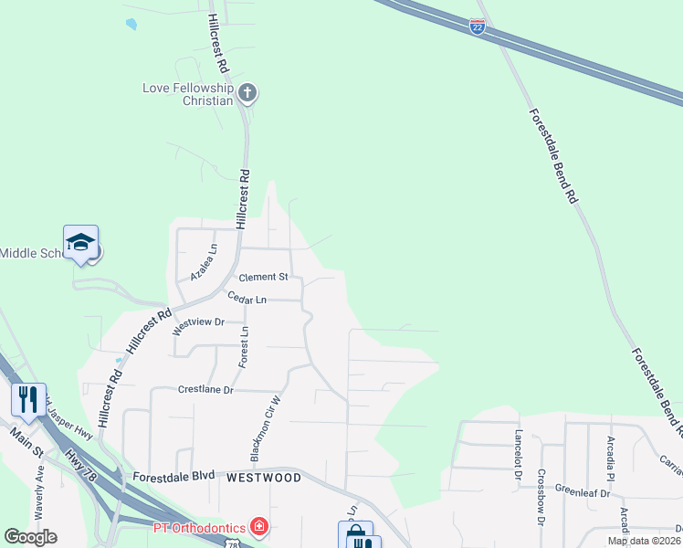 map of restaurants, bars, coffee shops, grocery stores, and more near 2714 Pine Hill Road in Adamsville
