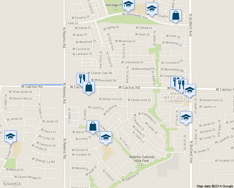 map of restaurants, bars, coffee shops, grocery stores, and more near 12150 North 151st Drive in Surprise