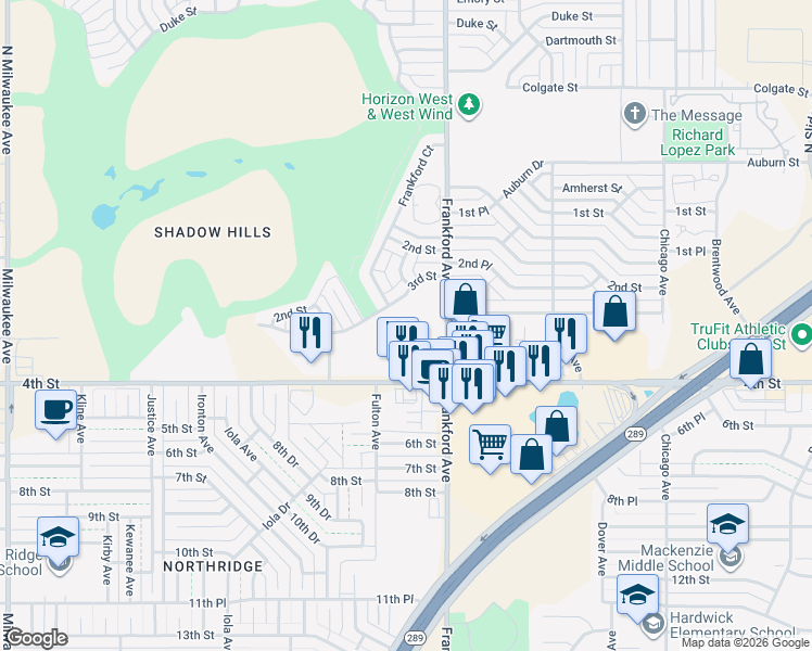 map of restaurants, bars, coffee shops, grocery stores, and more near 308 Frankford Avenue in Lubbock