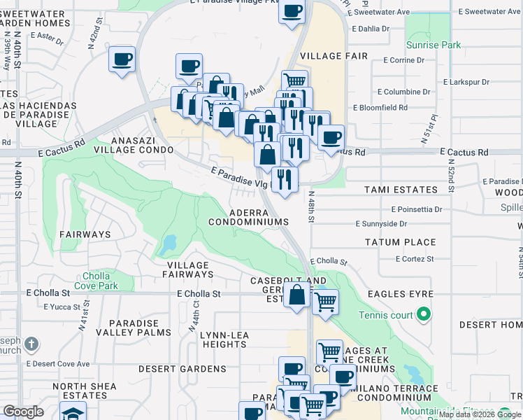 map of restaurants, bars, coffee shops, grocery stores, and more near 11640 North Tatum Boulevard in Phoenix
