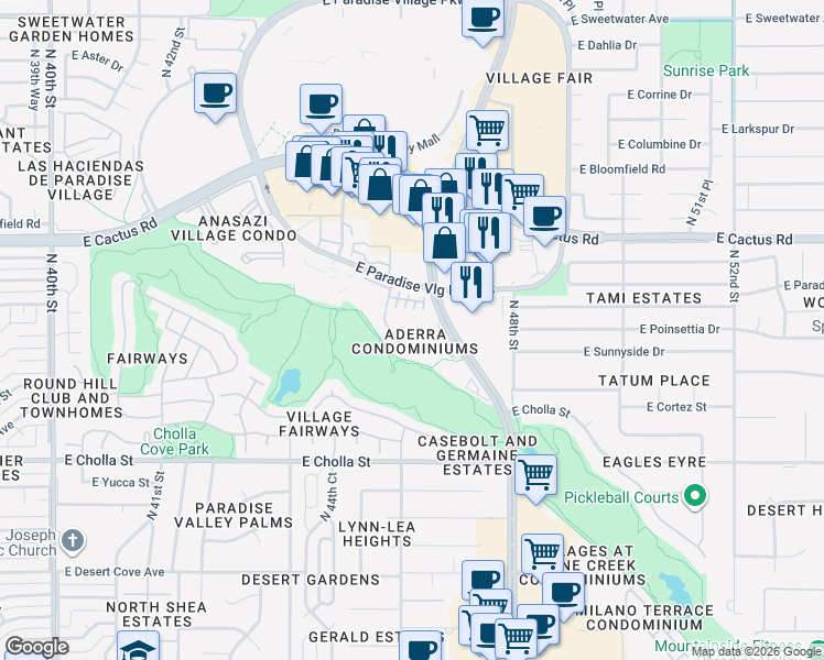 map of restaurants, bars, coffee shops, grocery stores, and more near 11640 North Tatum Boulevard in Phoenix