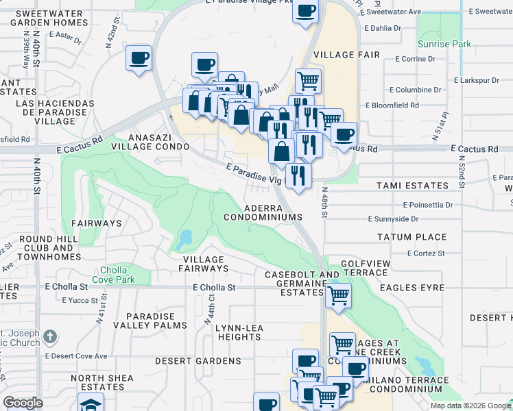 map of restaurants, bars, coffee shops, grocery stores, and more near 11640 North Tatum Boulevard in Phoenix