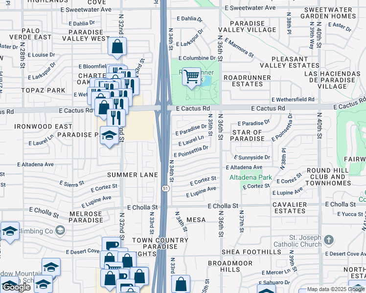 map of restaurants, bars, coffee shops, grocery stores, and more near 3411 East Laurel Lane in Phoenix